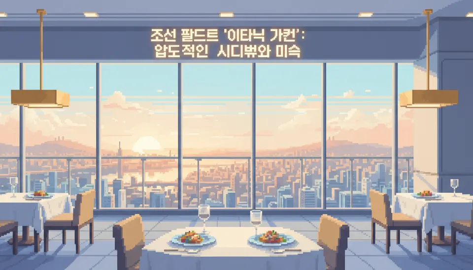 강남의 고층 빌딩 숲 스카이라인이 한눈에 들어오는 통유리창과 모던하고 예술적인 런치 코스 요리가 플레이팅된 조선 팰리스 호텔 레스토랑의 밝고 우아한 분위기