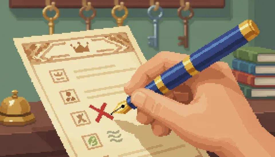 VIP 의전 체크리스트라고 적힌 고급 종이 위에 만년필을 든 손이 항목을 체크하고 있고 배경에는 컨시어지 데스크가 흐릿하게 보이는 클로즈업 이미지