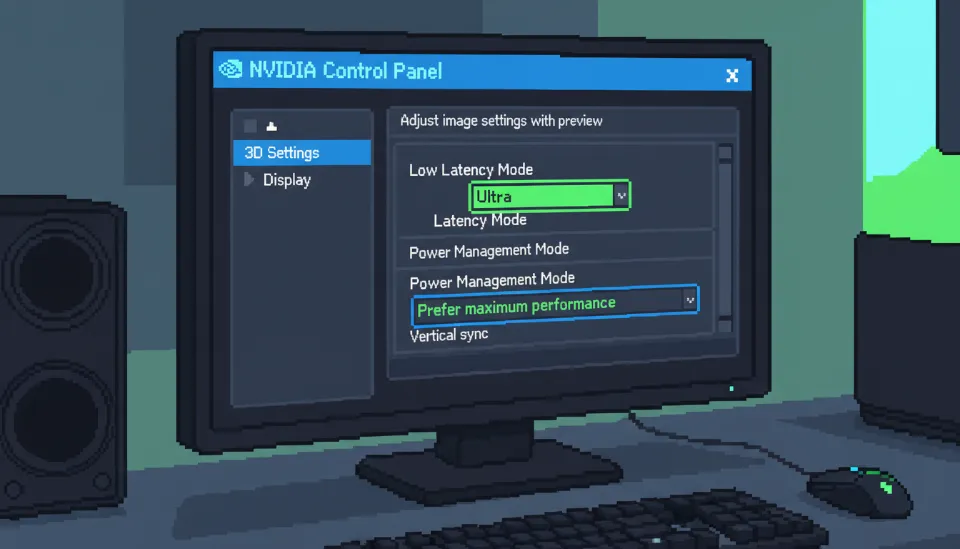 엔비디아 제어판 3D 설정 관리 메뉴에서 저지연 모드를 울트라로 설정하고 전원 관리 모드를 최고 성능 선호로 맞춘 화면