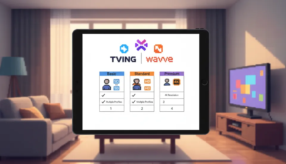 태블릿 화면에 표시된 티빙과 웨이브의 합병 로고와 함께 베이직, 스탠다드, 프리미엄 등급별 혜택이 체크리스트 형태로 비교되어 있는 인포그래픽 이미지