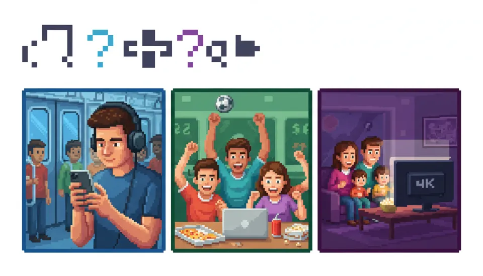 지하철에서 스마트폰으로 영상을 보는 1인 가구, 노트북으로 야구를 시청하는 친구들, 거실 대형 TV로 영화를 즐기는 가족의 모습을 분할 화면으로 보여주는 시청 패턴별 라이프스타일 이미지