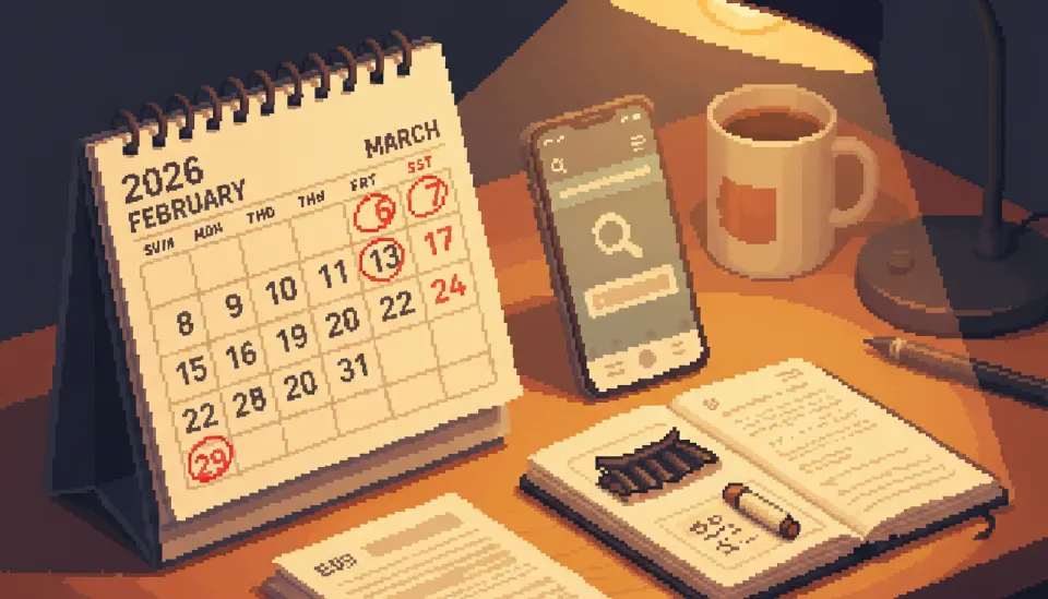 2026년 2월과 3월 달력에 붉은색 펜으로 문화재수리기술자 시험 일정과 원서 접수 마감일이 표시되어 있고 옆에 큐넷 앱이 켜진 스마트폰이 놓인 책상 풍경