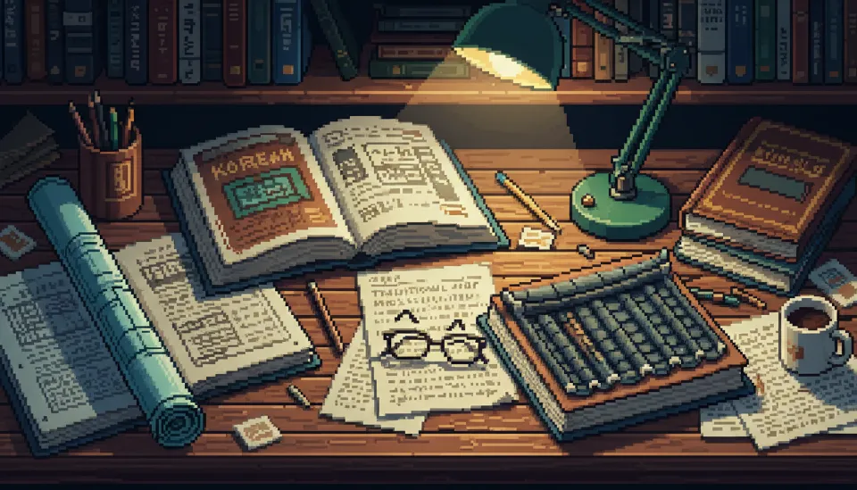 한국 전통 건축 관련 전공 서적과 도면이 펼쳐져 있고 논술 답안지가 작성되어 있는 책상 위의 치열한 수험 환경 모습