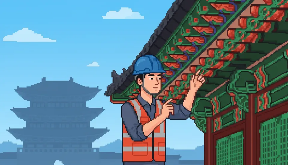 전통 한복을 입은 전문가가 고궁의 단청 처마 밑에서 진지한 표정으로 문화재 상태를 점검하고 있는 전문가의 활동 모습