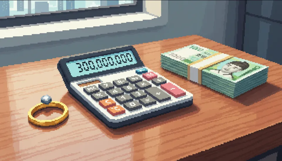 결혼 반지와 한국 원화 지폐 뭉치 옆에 3억 원이라는 숫자가 표시된 계산기가 놓여 있는 모습으로 결혼자금 증여세 면제 한도를 시각화한 이미지