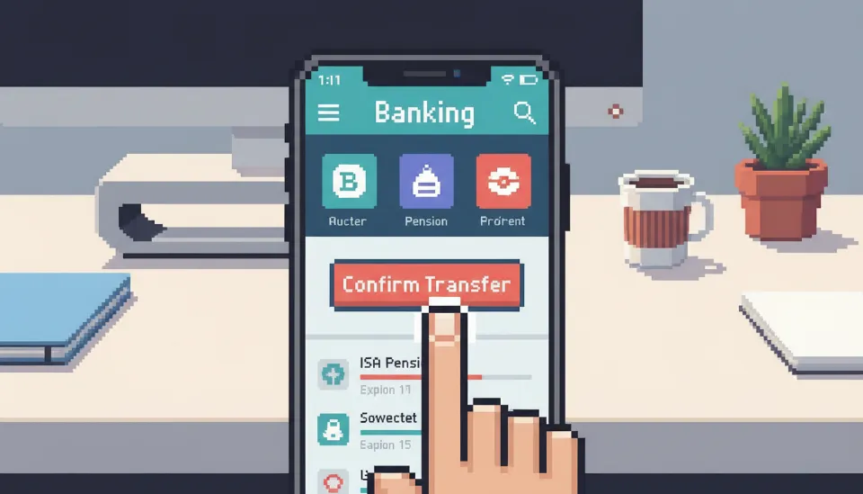 스마트폰 뱅킹 앱 화면에서 ISA 만기 자금 연금 전환 확인 버튼을 누르려는 손가락과 현대적인 사무실 배경