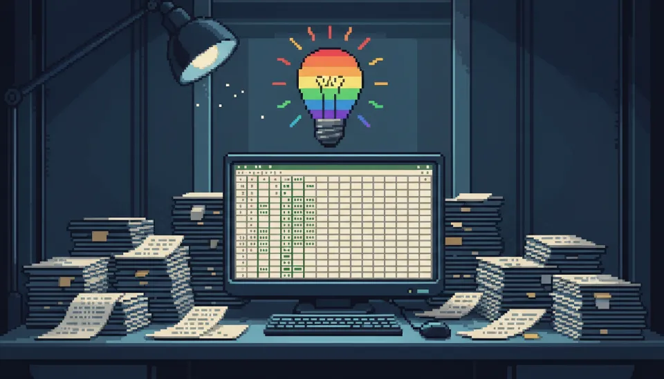 반복적인 서류 더미와 엑셀 화면이 켜진 모니터 뒤로 희미하게 깜빡이는 창의적인 전구 조명이 있는 30대 직장인의 책상 모습