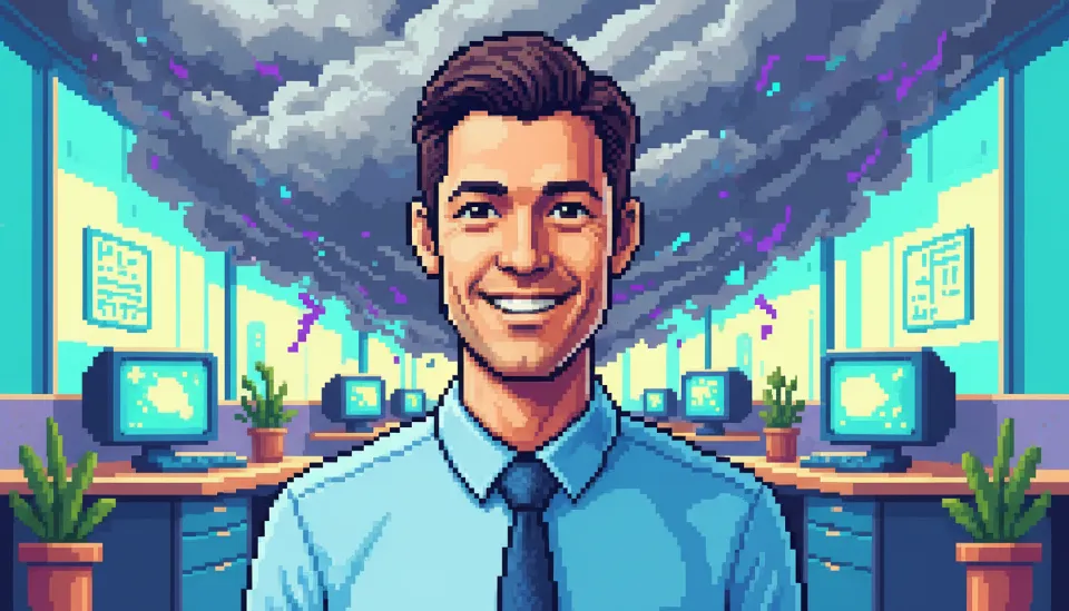 밝은 사무실 배경 속에서 겉으로는 웃고 있지만 실루엣 내부는 회색 폭풍 구름으로 가득 찬 30대 직장인의 이중 노출 초상화