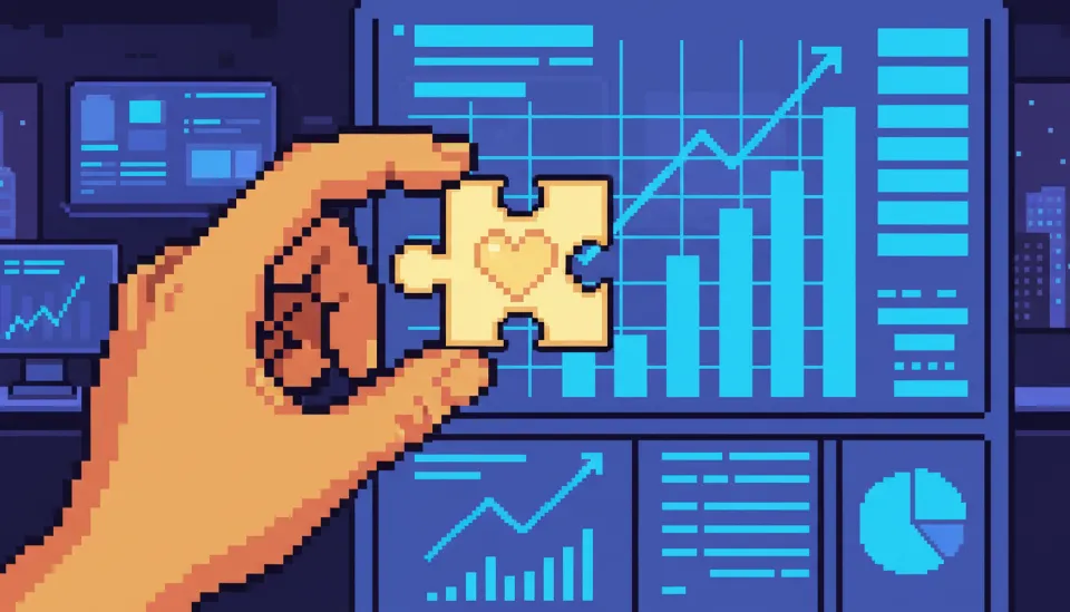 차가운 파란색 데이터 막대그래프로 이루어진 기업 차트 속에 '의미'라고 적힌 따뜻한 색감의 퍼즐 조각을 끼워 맞추려는 손의 클로즈업