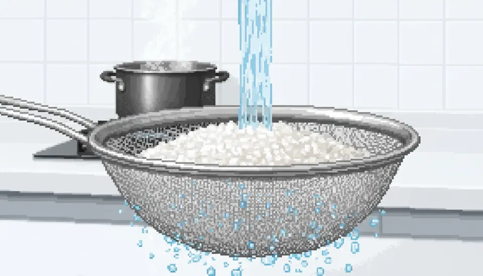 스테인리스 체에 담겨 흐르는 물에 세척되고 있는 하얀색 곤약쌀 알갱이들의 클로즈업 모습