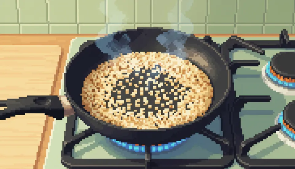 기름 없이 마른 팬 위에서 고슬고슬하게 볶아지며 수분이 제거되고 있는 곤약쌀의 조리 과정