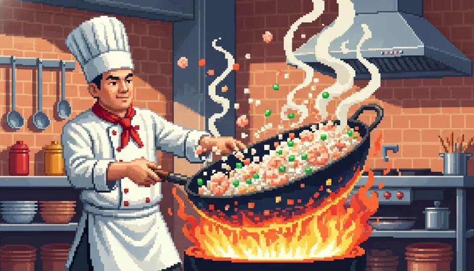 센 불에서 웍질을 하며 곤약쌀과 채소, 새우가 골고루 섞이고 있는 먹음직스러운 볶음밥 조리 장면