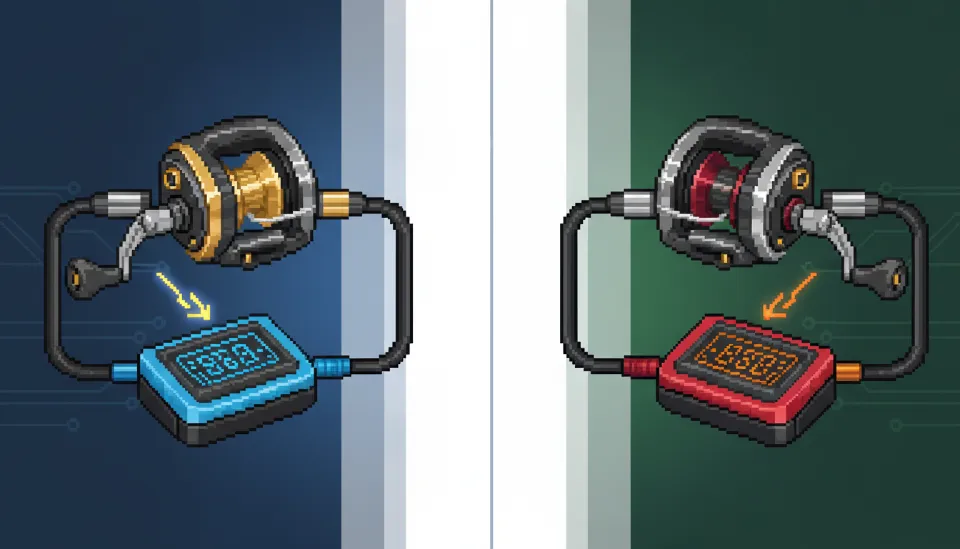 시마노 비스트마스터와 다이와 시보그 전동릴이 각각 고성능 리튬 배터리에 연결되어 전압 수치를 표시하고 있는 비교 모습