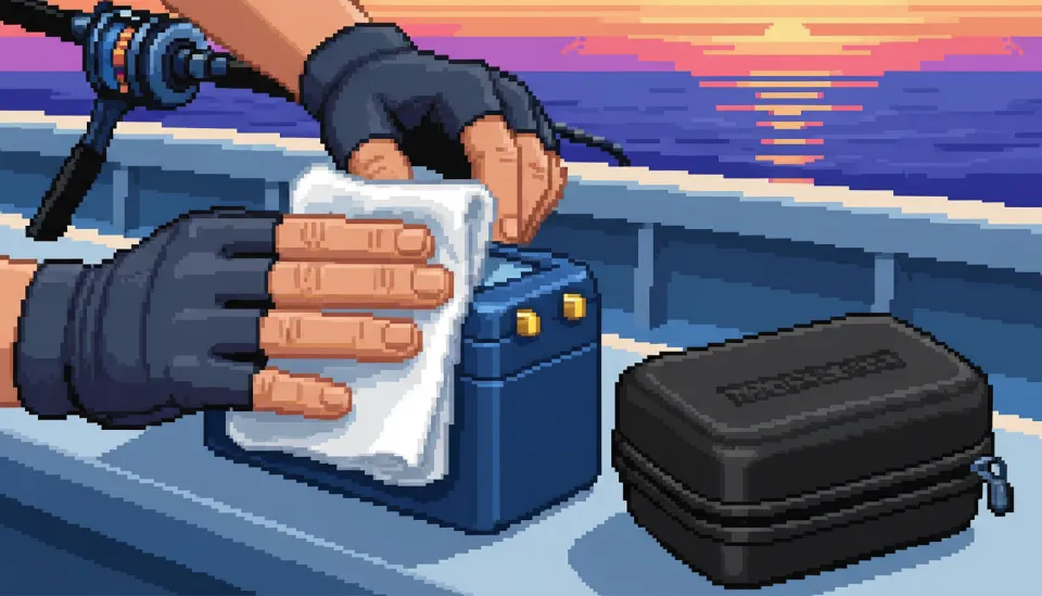 낚시 후 부드러운 천으로 전동릴 배터리의 금도금 단자 부위를 닦으며 염분을 제거하고 관리하는 낚시꾼의 손