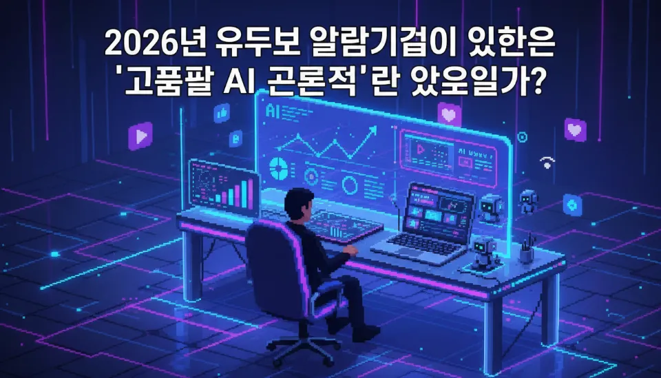 2026년 최신 AI 비디오 편집 소프트웨어 인터페이스가 띄워진 노트북과 급상승하는 시청 지속 시간 그래프가 보이는 홀로그램 화면