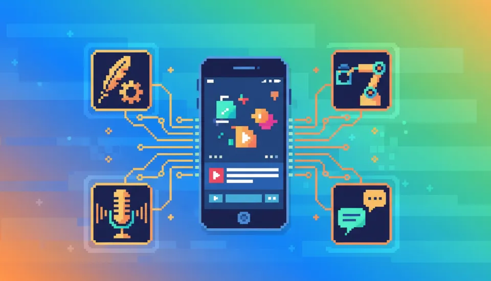 대본 작성부터 비디오 생성 및 음성 합성까지 연결된 AI 툴 회로도가 스마트폰 화면의 바이럴 영상으로 이어지는 3D 일러스트