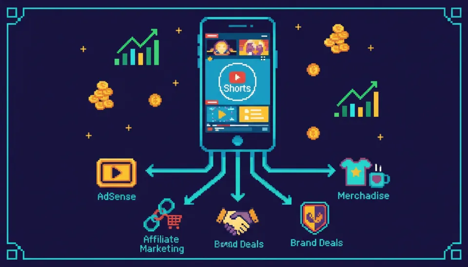 유튜브 쇼츠 화면에서 뻗어나가는 애드센스, 제휴 마케팅, 브랜드 광고 등 다양한 수익 파이프라인을 시각화한 이미지