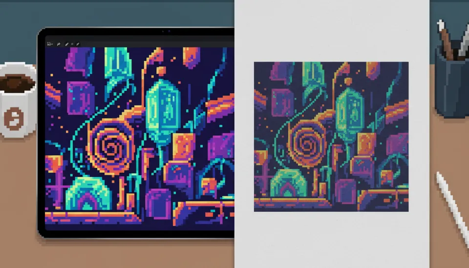 왼쪽에는 아이패드 화면의 선명한 RGB 색상 드로잉이 보이고 오른쪽에는 채도가 낮아진 CMYK 인쇄물이 비교되어 있는 모습