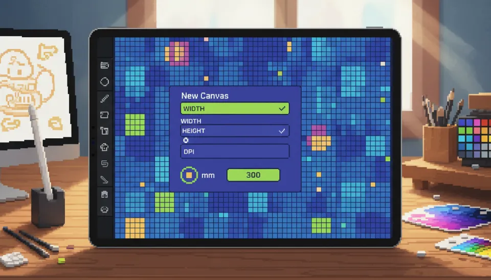 프로크리에이트 새 캔버스 만들기 화면에서 단위를 밀리미터로 설정하고 DPI를 300으로 입력하는 고해상도 설정 인터페이스 클로즈업