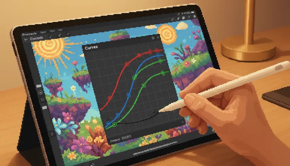 애플 펜슬을 든 손이 아이패드 화면 위에서 프로크리에이트의 색상 커브 기능을 조절하여 CMYK 변환 후의 색감을 보정하는 작업 장면