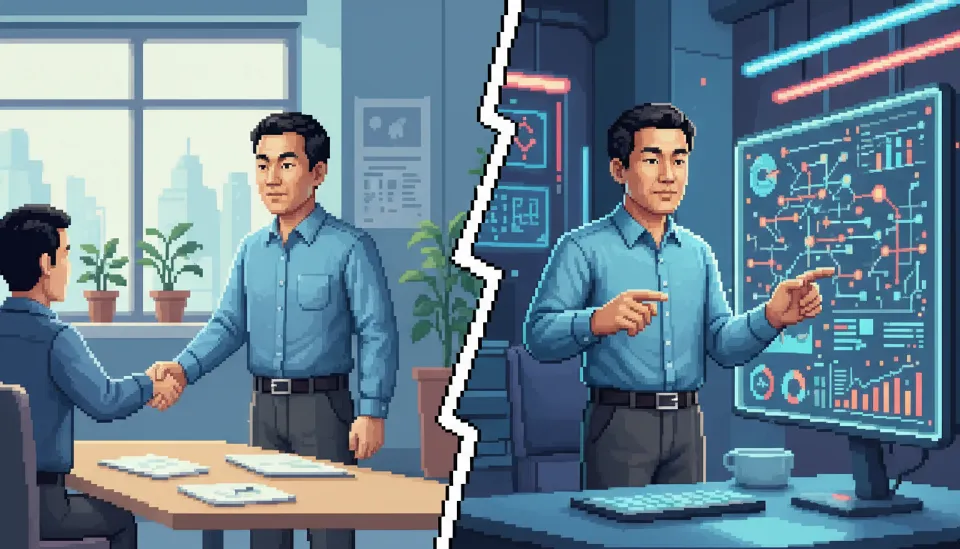 좌측에는 영업 미팅을 하는 과거의 모습, 우측에는 데이터 시각화 화면을 분석하는 현재의 모습이 오버랩되어 도메인 지식과 데이터 기술의 결합을 보여주는 30대 남성 전문가