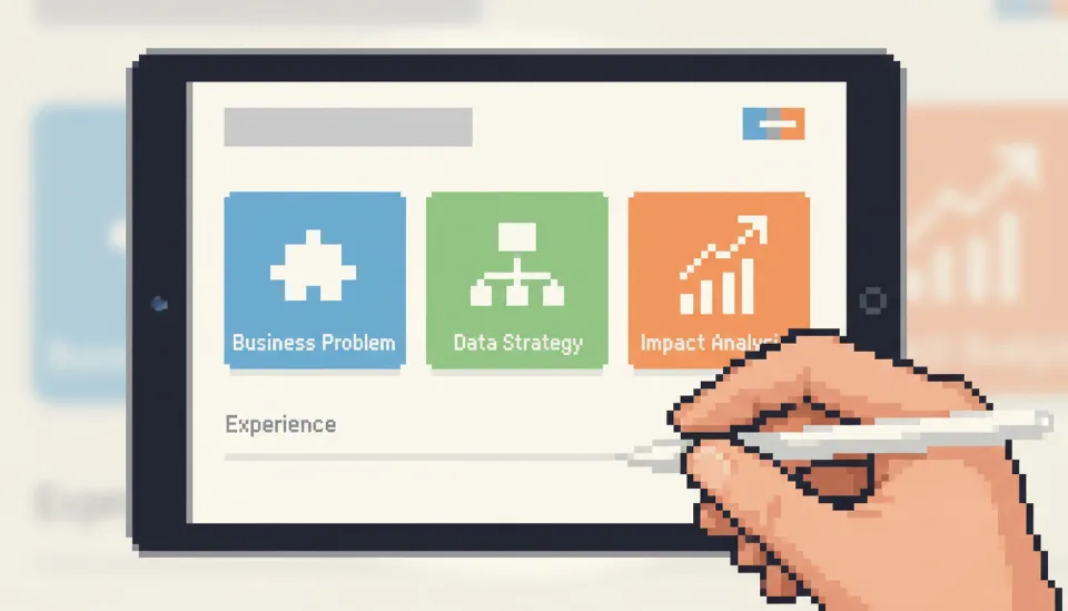 태블릿 화면에 띄워진 데이터 분석 포트폴리오 레이아웃으로, 비즈니스 문제 정의와 데이터 전략, 임팩트 분석 섹션이 강조되어 있는 UI 디자인