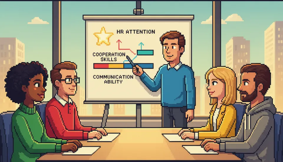 화이트보드 앞에서 간단명료한 차트를 가리키며 동료들에게 데이터 분석 결과를 설명하고 있는 30대 분석가의 모습, 설득력 있는 커뮤니케이션 상황 묘사