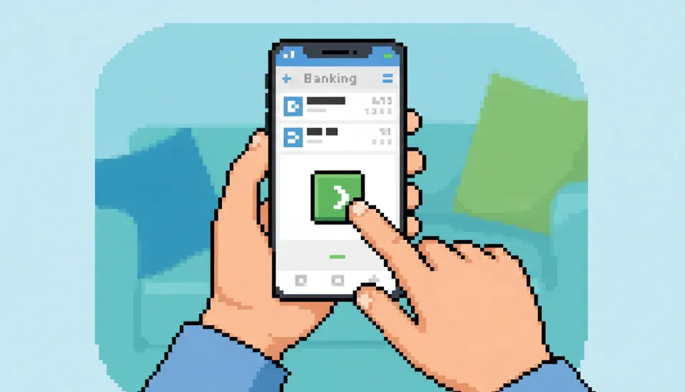 스마트폰 뱅킹 앱 화면에서 ISA 만기 자금 전환 버튼을 손가락으로 누르고 있는 사용자의 손과 흐릿한 배경의 라이프스타일 사진