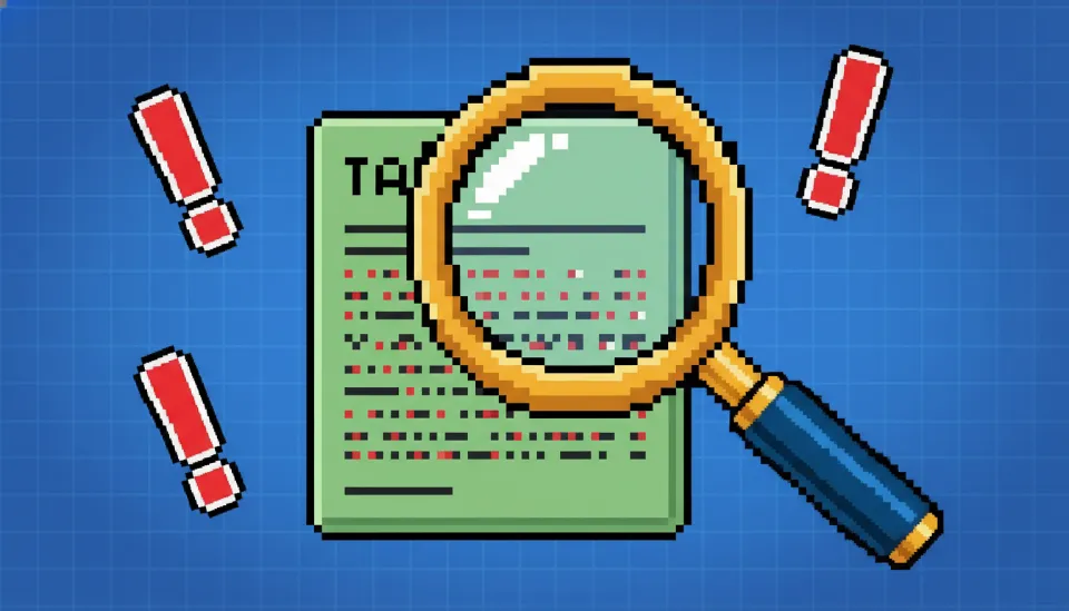 돋보기로 세금 문서의 작은 글씨를 자세히 검토하는 모습과 주의를 뜻하는 빨간색 느낌표가 떠 있는 3D 렌더링 이미지