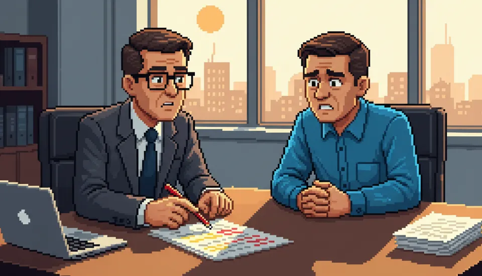 세무 조사관이 붉은 펜으로 금융 거래 내역을 지적하며 상담하는 모습, 부모 자식 차용증 필요성과 증여세 조사 대비