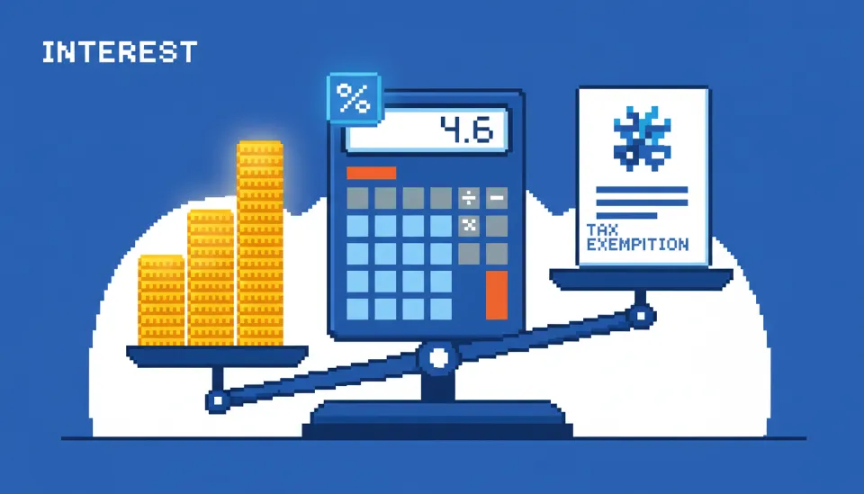 이자율 4.6%와 세금 면제 기준을 나타내는 저울 일러스트, 부모 자식 차용증 이자율 설정과 증여세 면제 한도 계산