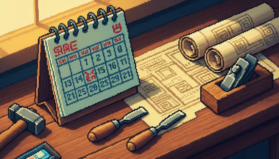 2026년 달력 위에 붉은색 펜으로 시험일이 표시되어 있고 그 옆에 전통 건축 도면과 끌, 대패 등 목공 도구가 놓여 있는 책상 모습