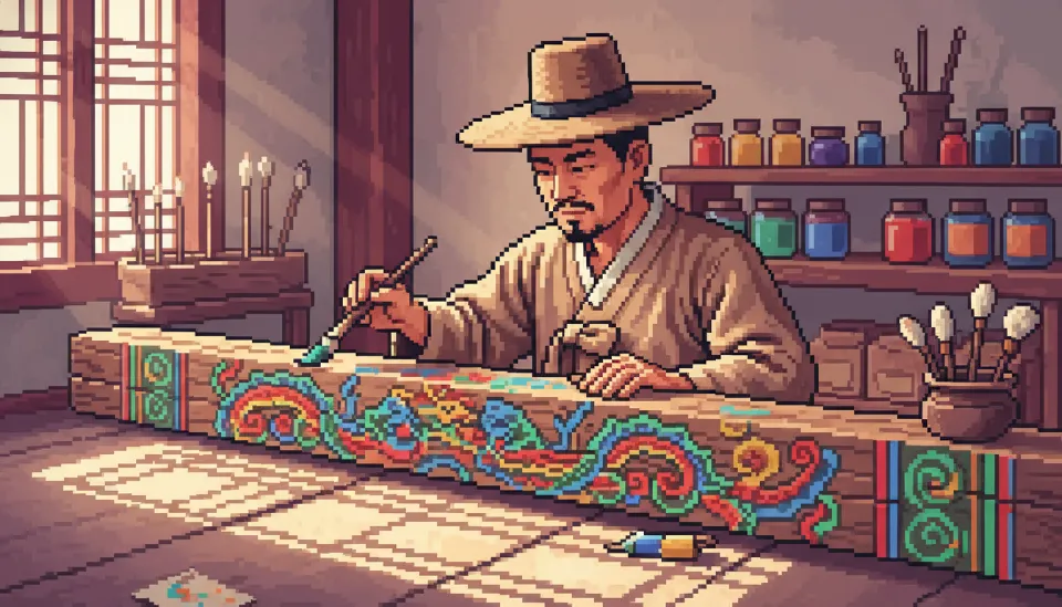 작업복을 입은 장인이 집중하며 나무 기둥에 화려한 단청 문양을 그려 넣고 있는 모습, 배경에는 다양한 안료들이 놓인 공방 풍경