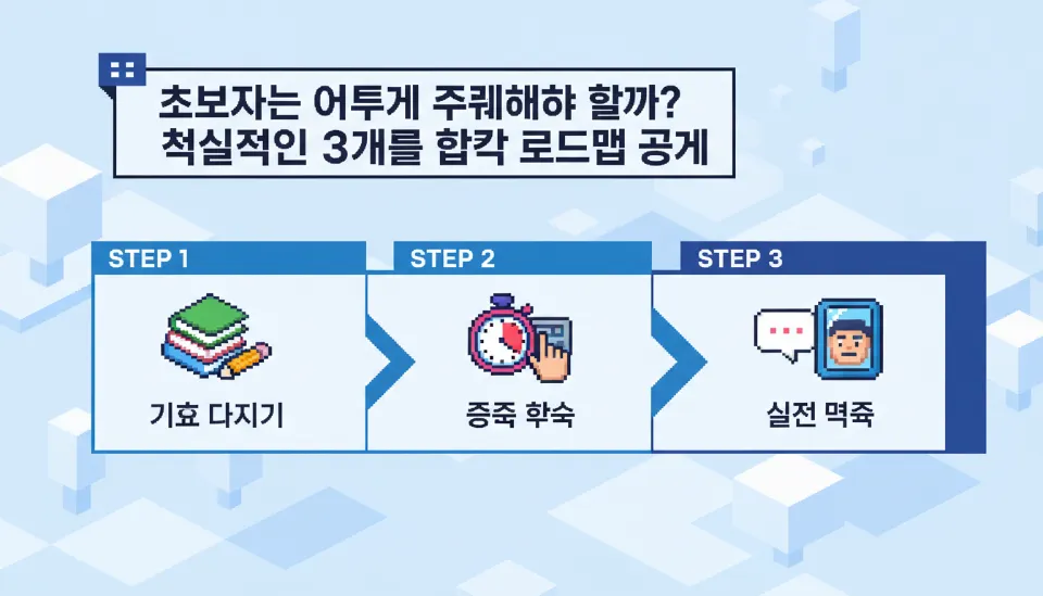 3단계로 구성된 합격 로드맵 인포그래픽, 1단계는 도구와 책, 2단계는 스톱워치와 작업하는 손, 3단계는 말풍선과 거울 아이콘으로 시각화된 디자인