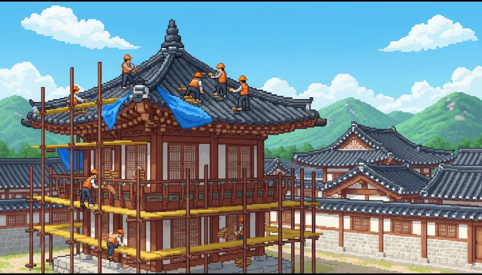 보수 공사가 진행 중인 전통 한옥 마을의 전경, 정자 주변에 비계가 설치되어 있고 안전 장비를 갖춘 작업자들이 기와 지붕을 세심하게 복원하는 모습