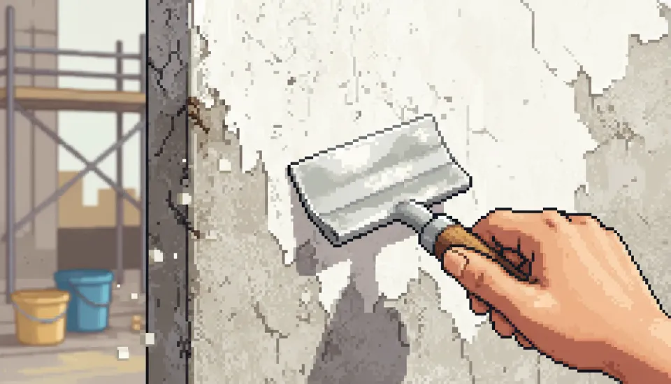 금속 스크래퍼 도구를 사용하여 콘크리트 벽면의 들뜬 흰색 페인트를 긁어내고 있는 작업자의 손과 거친 벽면 질감 묘사