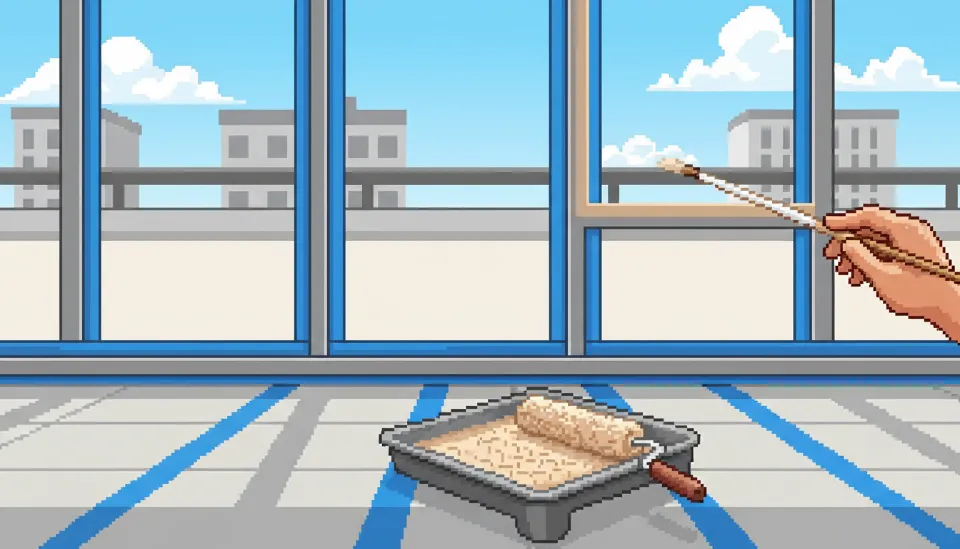 창문과 바닥 타일에 파란색 마스킹 테이프로 꼼꼼하게 보양 작업이 된 아파트 베란다 전경과 베이지색 탄성코트가 담긴 트레이