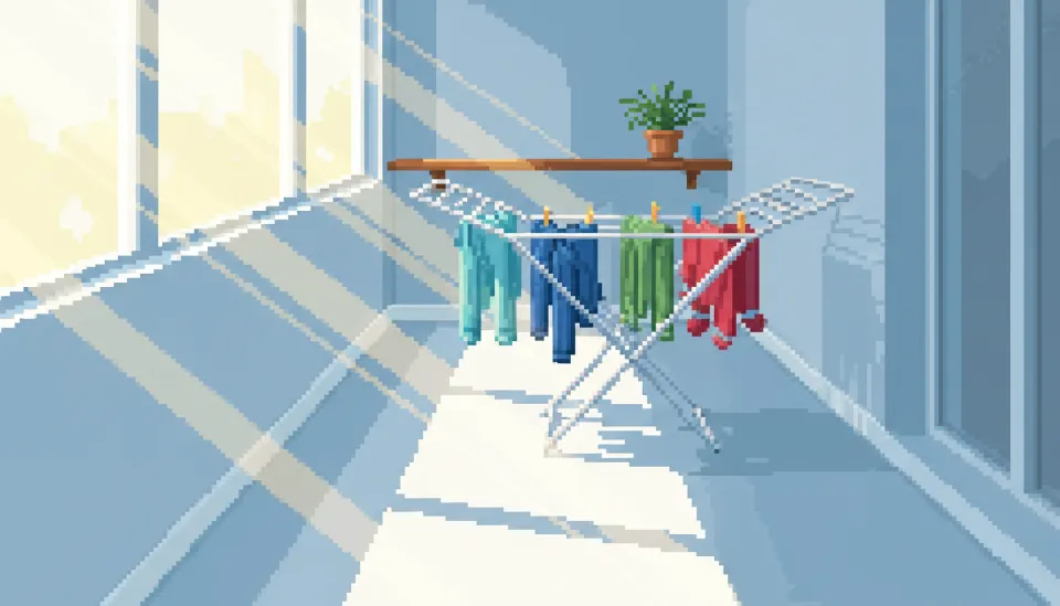 창문을 통해 들어오는 햇살을 받으며 건조대 위 빨래가 마르고 있는, 깨끗하게 탄성코트 시공이 완료된 쾌적한 베란다 내부 모습