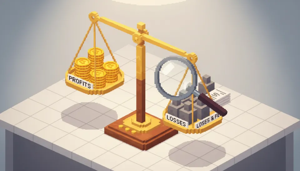 가상자산 투자 수익과 손실, 수수료를 저울에 올려 실현 손익을 계산하는 3D 아이소메트릭 일러스트