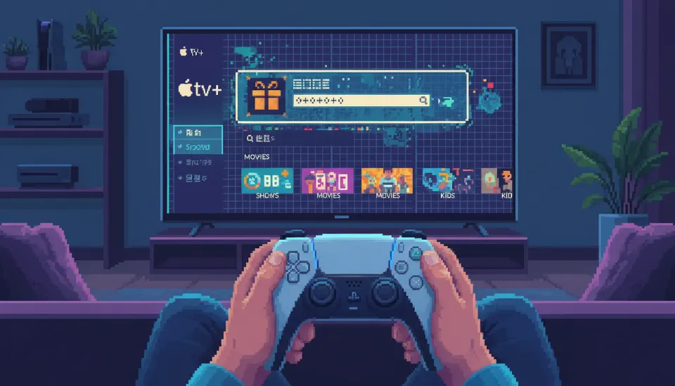 플레이스테이션 5 컨트롤러를 든 사용자가 TV 화면에 뜬 애플티비 플러스 프로모션 배너를 바라보는 모습