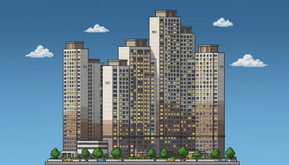 파란 하늘 아래 한국의 고층 아파트 단지 전경, 9억 원 이하 주택 가격 기준에 부합하는 중산층 주거 단지의 모습