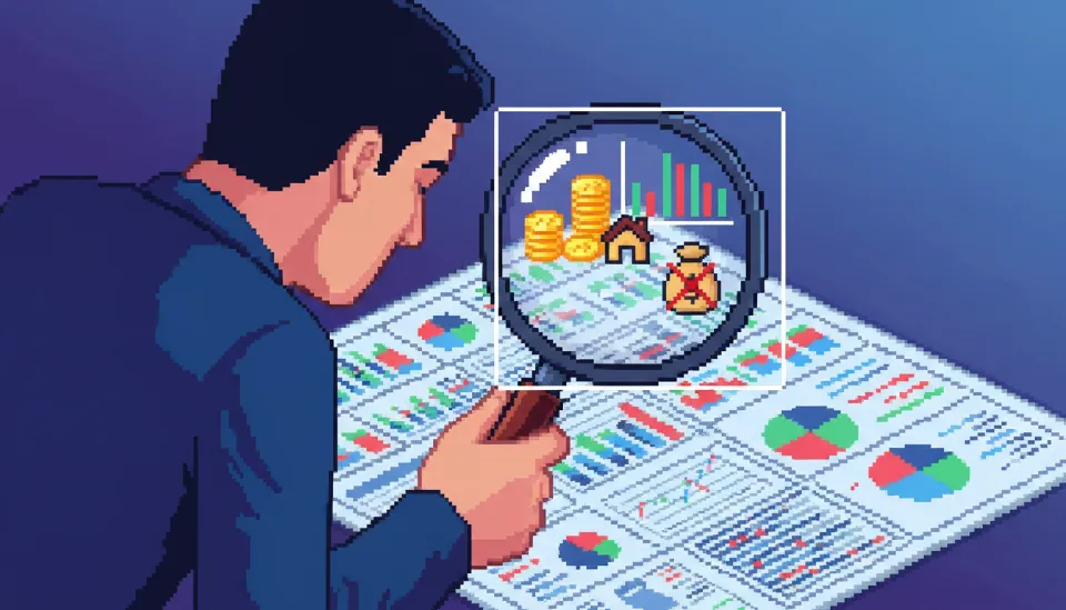 돋보기로 순자산 평가 서류의 숫자를 꼼꼼히 확인하는 모습, 부채 차감 후 순자산 4.69억 원 기준 충족 여부 검토