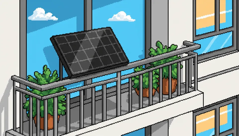 한국 아파트 베란다 난간에 설치된 검은색 미니 태양광 패널과 맑은 하늘 배경