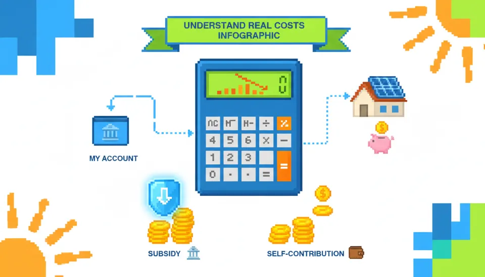 태양광 설치 비용 구조를 설명하는 인포그래픽, 보조금과 자부담금 비율을 시각적으로 표현한 계산기 이미지