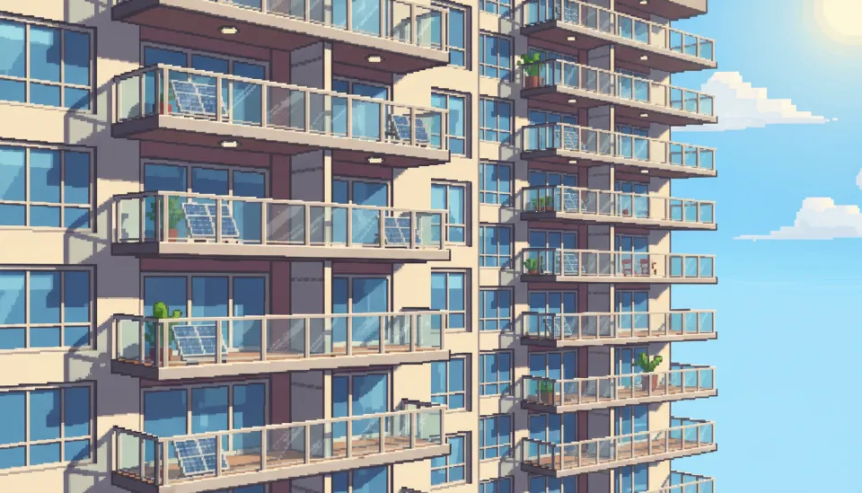 고층 아파트 단지의 다양한 베란다 모습과 안전 난간 구조를 보여주는 광각 사진