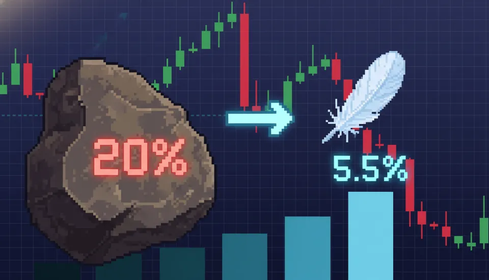 20% 고금리 이자가 5.5% 저금리로 줄어드는 것을 표현한 시각적 비교 인포그래픽