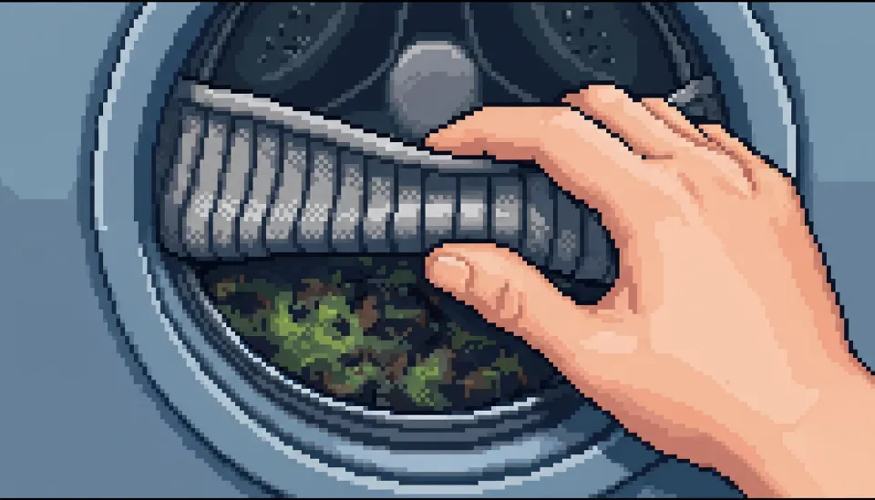 드럼세탁기 회색 고무패킹 틈새를 손으로 벌려 안쪽에 숨겨진 검은색 곰팡이와 물때를 확인하는 근접 사진