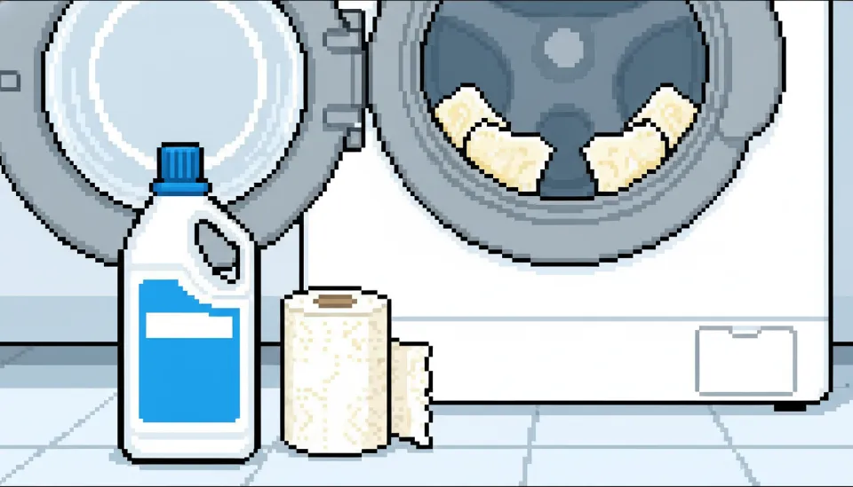 드럼세탁기 고무패킹 틈새에 락스를 적신 키친타월을 꼼꼼하게 끼워 넣어 곰팡이를 불리고 있는 셀프 청소 과정