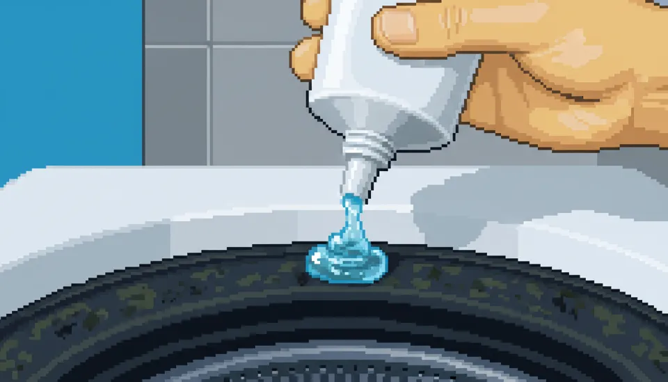 흘러내리지 않는 투명한 젤 타입 곰팡이 제거제를 드럼세탁기 고무패킹 오염 부위에 직접 도포하고 있는 모습