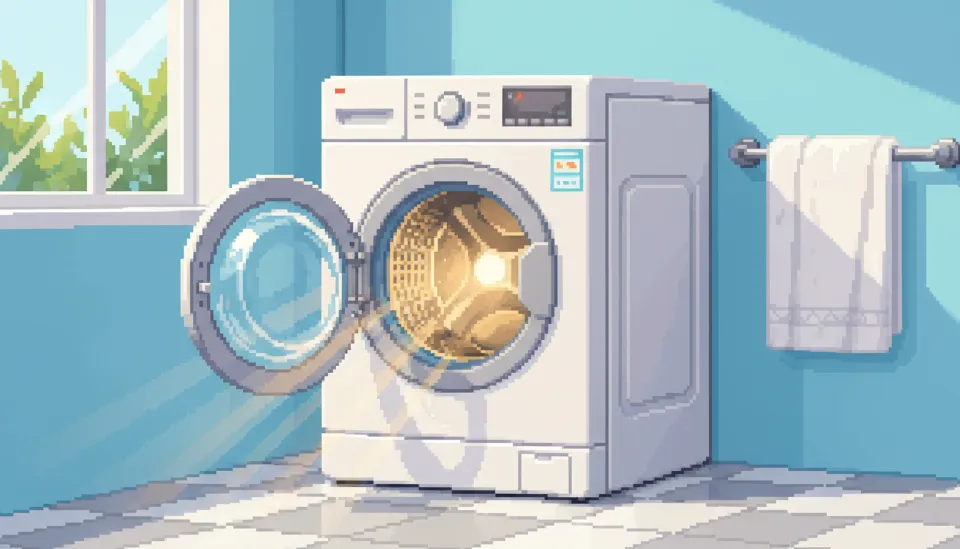 세탁 후 내부 건조를 위해 드럼세탁기 문을 활짝 열어두고 환기시키고 있는 깨끗하고 밝은 다용도실 풍경